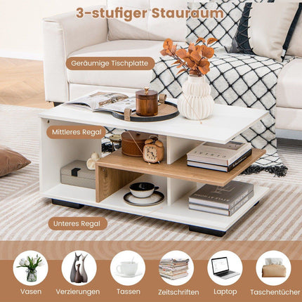 Coffee table with storage &amp; L-shaped center shelf rectangular living room table accent table white