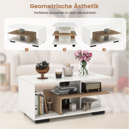 Coffee table with storage &amp; L-shaped center shelf rectangular living room table accent table white