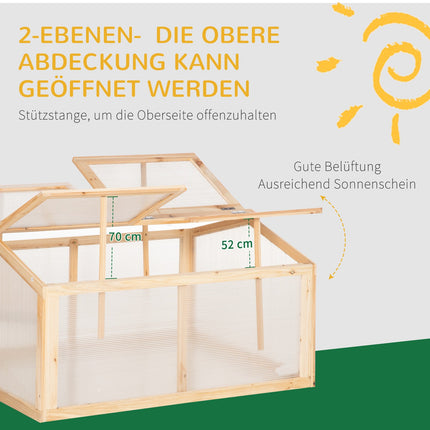 Greenhouse with wooden cold frame, weatherproof polycarbonate cover