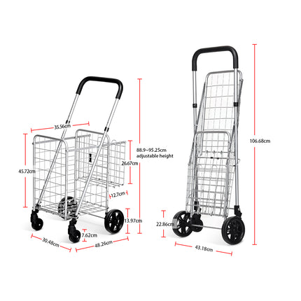 Collapsible Shopping Cart with Dual Basket, Adjustable Handle
