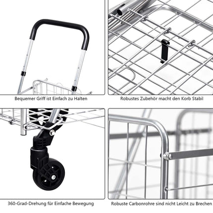 Collapsible Shopping Cart with Dual Basket, Adjustable Handle