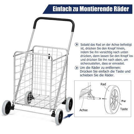 Collapsible Shopping Cart with Wheels, Silver, 45kg Capacity