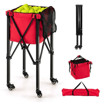 Collapsible Tennis Ball Cart with Wheels Removable Bag Side Pockets & Carry Bag Portable Ball Cart Holds 150 Tennis Balls Red