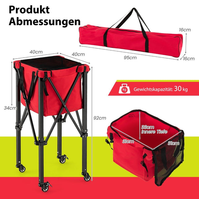 Collapsible Tennis Ball Cart with Wheels Removable Bag Side Pockets & Carry Bag Portable Ball Cart Holds 150 Tennis Balls Red