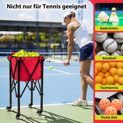 Collapsible Tennis Ball Cart with Wheels Removable Bag Side Pockets & Carry Bag Portable Ball Cart Holds 150 Tennis Balls Red