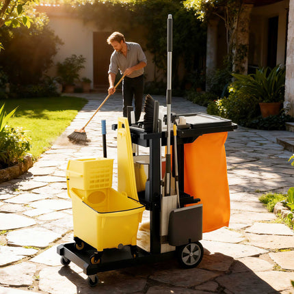 Commercial Cleaning Cart with 3 Shelves and Waste Bag