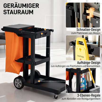 Commercial Cleaning Cart with 3 Shelves and Waste Bag