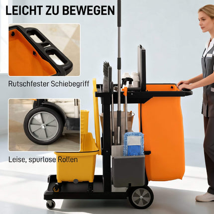 Commercial Cleaning Cart with 3 Shelves and Waste Bag