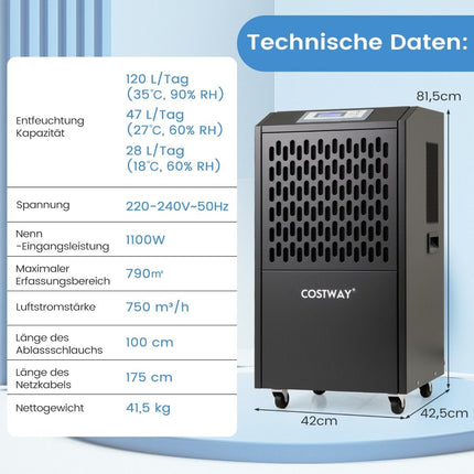Commercial Dehumidifier, 118L/Day, Auto Drain, 4 Wheels
