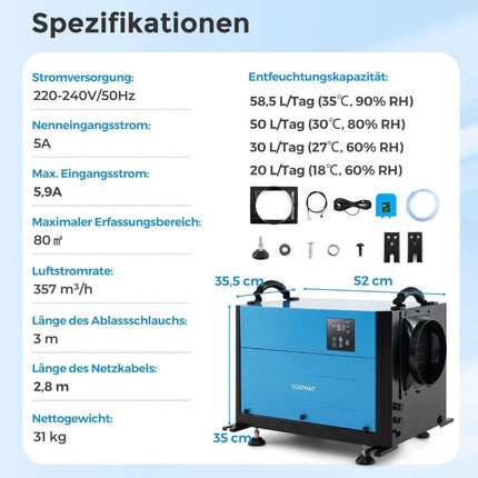 Commercial Dehumidifier, 3 Modes, 24H Timer, 58L/Day Capacity