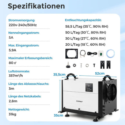 Commercial Dehumidifier, 58L/Day, 3 Modes, 24H Timer