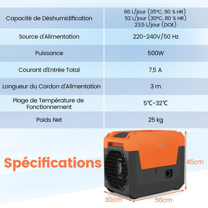 Commercial Dehumidifier 66 L/Day, Pump Drain, 167 m²