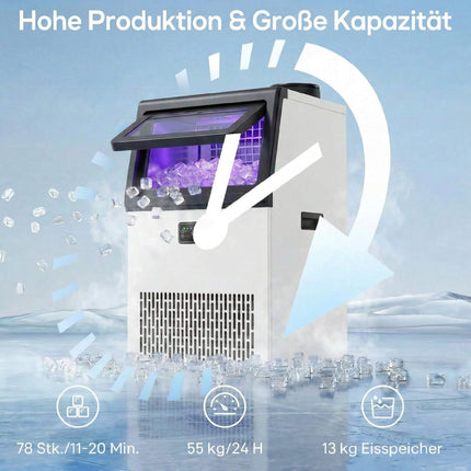Commercial Ice Maker, 55kg/24h, Stainless Steel, 13kg Storage
