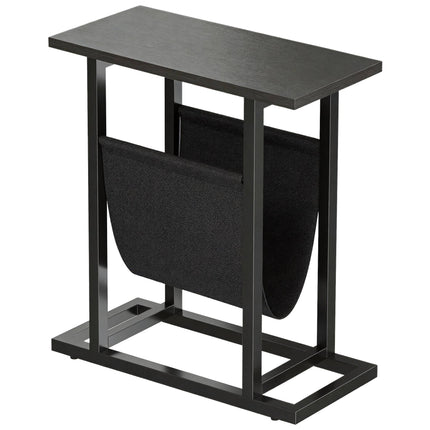 Compact Black Side Table with Steel Frame and Fabric Pocket