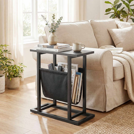 Compact Black Side Table with Steel Frame and Fabric Pocket