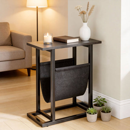 Compact Black Side Table with Steel Frame and Fabric Pocket