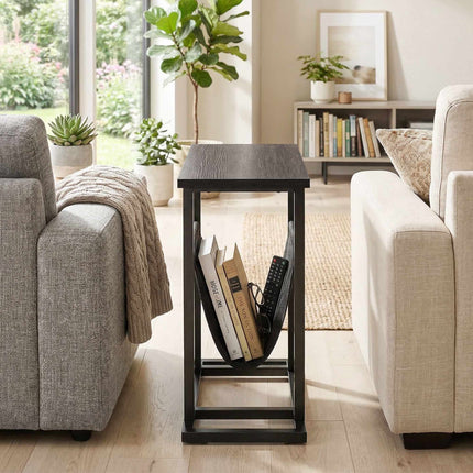 Compact Black Side Table with Steel Frame and Fabric Pocket