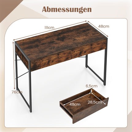 Compact Computer Desk with 2 Drawers, Rustic Brown