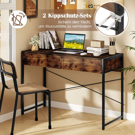 Compact Computer Desk with 2 Drawers, Rustic Brown