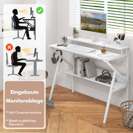Compact Desk with Monitor Stand, Shelf, White, 100x50 cm