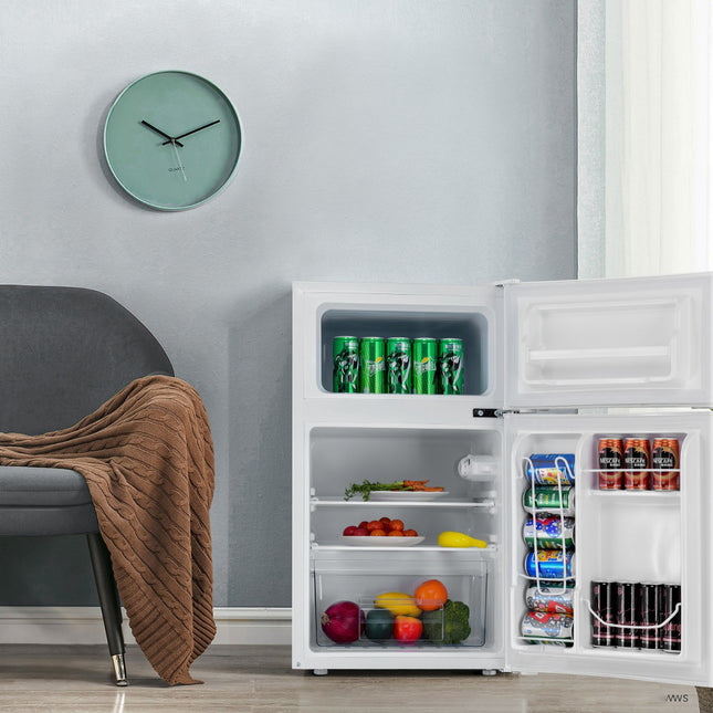 Compact Mini Fridge 90L, 2-Door Separate Freezer, White