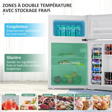Compact Mini Fridge 90L, 2-Door Separate Freezer, White
