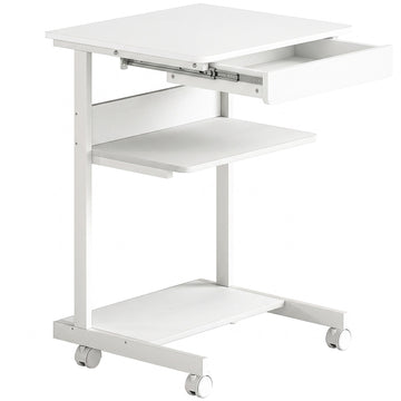 Compact Rolling Desk with Drawer & Shelves, White