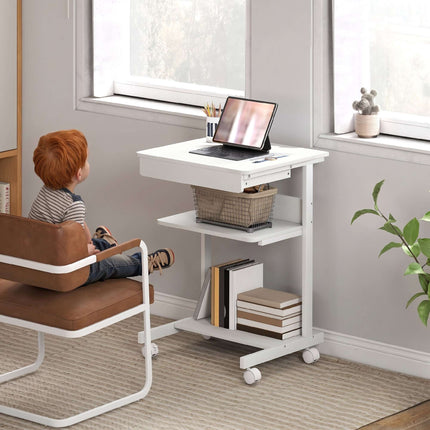 Compact Rolling Desk with Drawer & Shelves, White