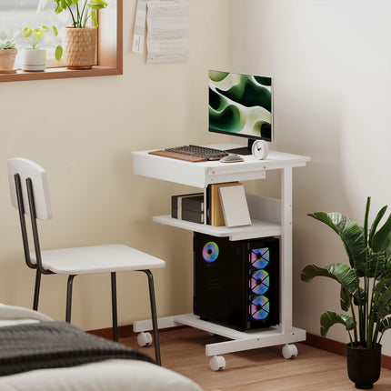 Compact Rolling Desk with Drawer & Shelves, White