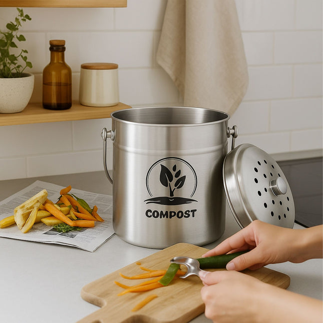 Compostbak, 5L roestvrij staal met filter