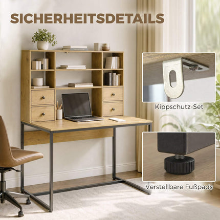 Computer Desk 105 cm With 4 Drawers and Shelves, Natural