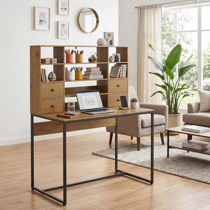 Computer Desk 105 cm With 4 Drawers and Shelves, Natural