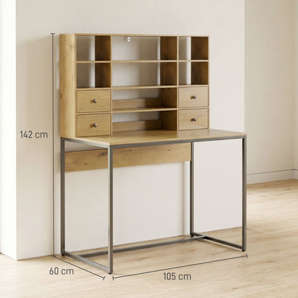 Computer Desk 105 cm With 4 Drawers and Shelves, Natural