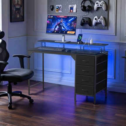 Computer Desk 120 cm with LED Lights, Power, 4 Drawers