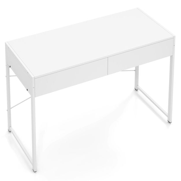 Computer Desk With 2 Drawers, Metal Frame, White