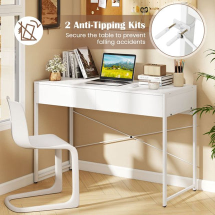 Computer Desk With 2 Drawers, Metal Frame, White