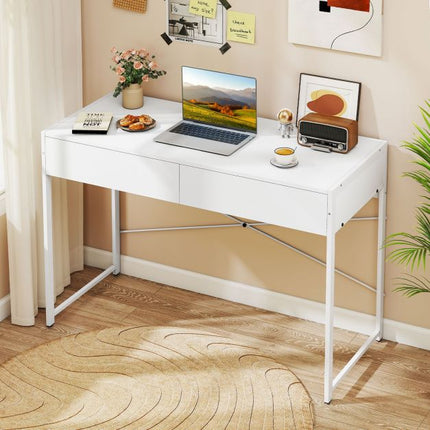 Computer Desk With 2 Drawers, Metal Frame, White