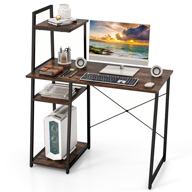 Computer Desk With 4-Tier Shelves, Compact, Brown