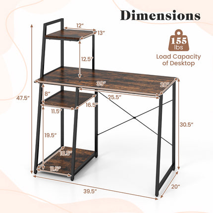 Computer Desk With 4-Tier Shelves, Compact, Brown