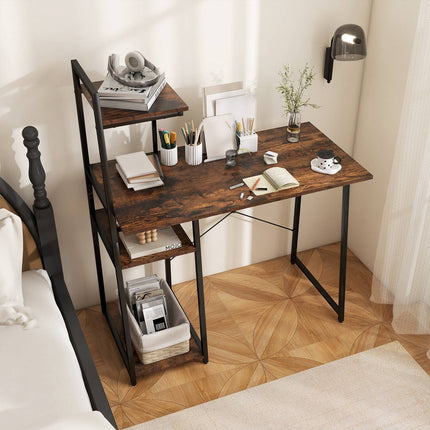 Computer Desk With 4-Tier Shelves, Compact, Brown