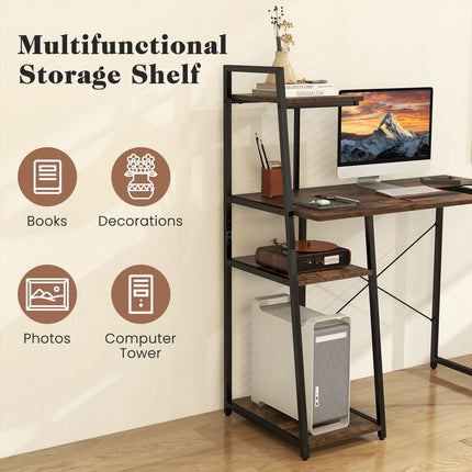 Computer Desk With 4-Tier Shelves, Compact, Brown