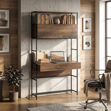 Computer Desk With Shelves and 2 Drawers, Brown, 185 cm
