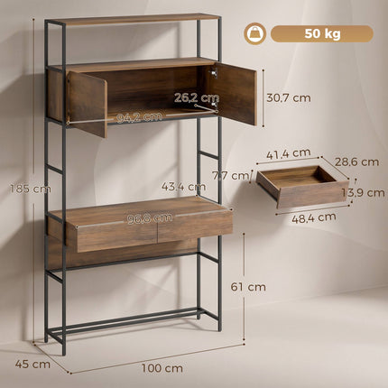 Computer Desk With Shelves and 2 Drawers, Brown, 185 cm