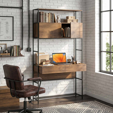 Computer Desk With Shelves and 2 Drawers, Brown, 185 cm