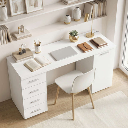 Computer Desk with 4 Drawers and Cabinet, 140 cm, White Wood