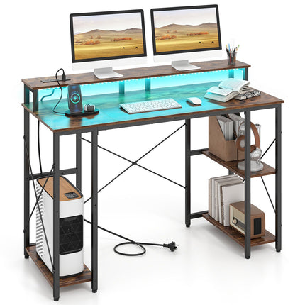 Computer Desk with LED Lights, Power Outlets & Monitor Stand