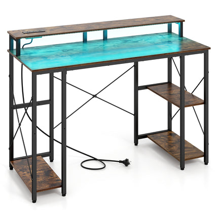 Computer Desk with LED Lights, Power Outlets & Monitor Stand
