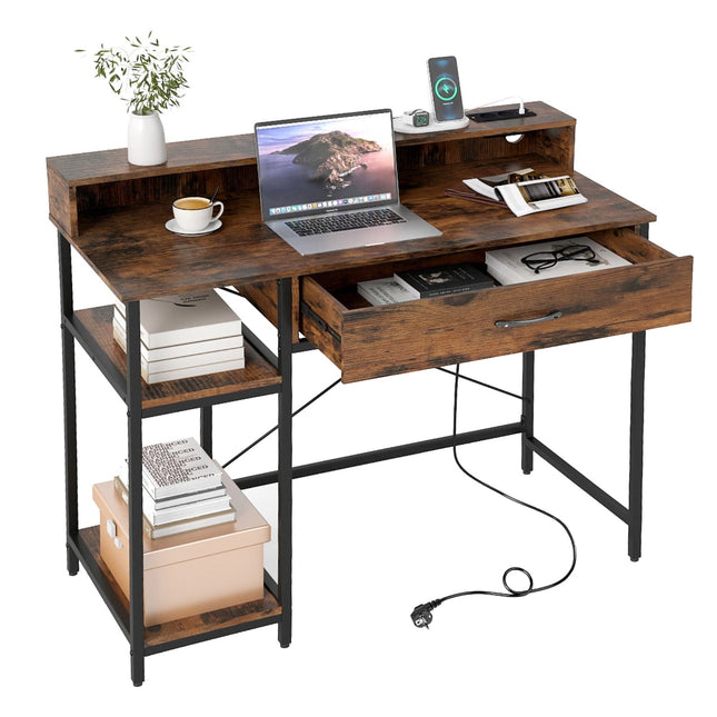 Computer Desk with Power Outlets, Drawer & Shelves, Rustic Brown