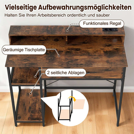 Computer Desk with Power Outlets, Drawer & Shelves, Rustic Brown