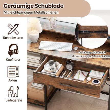 Computer Desk with Power Outlets, Drawer & Shelves, Rustic Brown